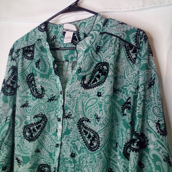 Bon Worth Blouse L Long Sleeve Button Up Simi Sheer Velvet Detail Green Black - Picture 9 of 14